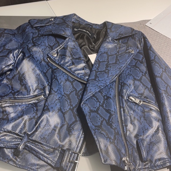 CALVIN KLEIN BLUE PATTERN BIKER JACKET - Picture 5 of 6